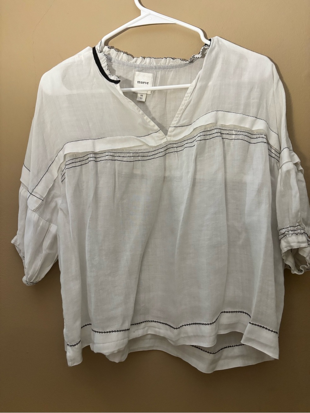 Maeve White Peasant Blouse with Black Contrast Stitching
